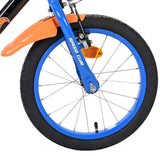Vorderreifen eines Fahrrads mit blauen Felgen und orangefarbener Gabel