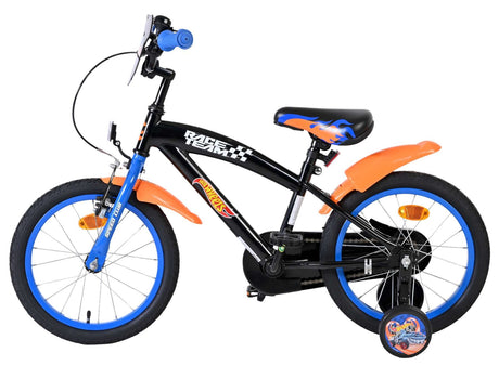 Schwarzes Kinderfahrrad mit orangefarbenen und blauen Akzenten, 16 Zoll Räder