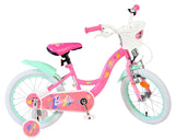 Rosa Kinderfahrrad mit Barbie-Motiv und Korb vorne