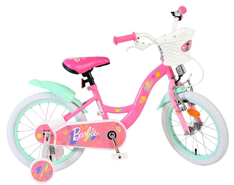 Rosa Kinderfahrrad mit Barbie-Motiv und Korb vorne