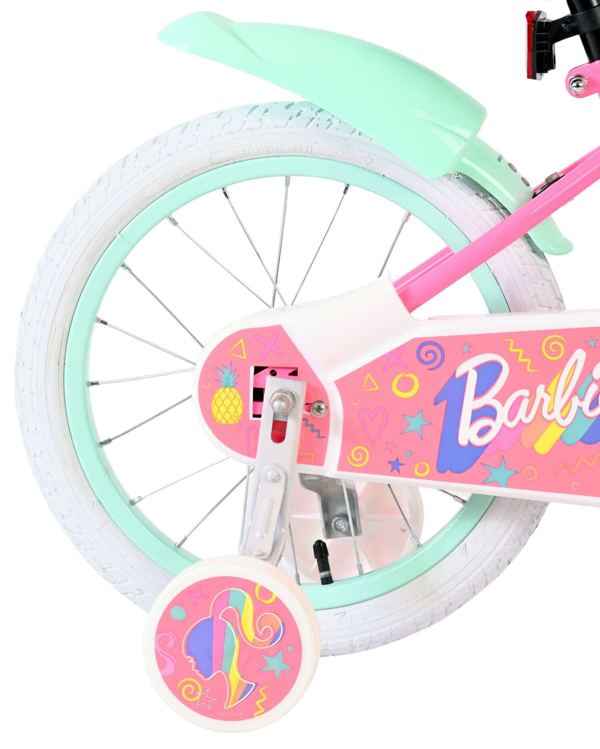 Buntes Kinderfahrrad mit pinkem Rahmen und weißen Reifen