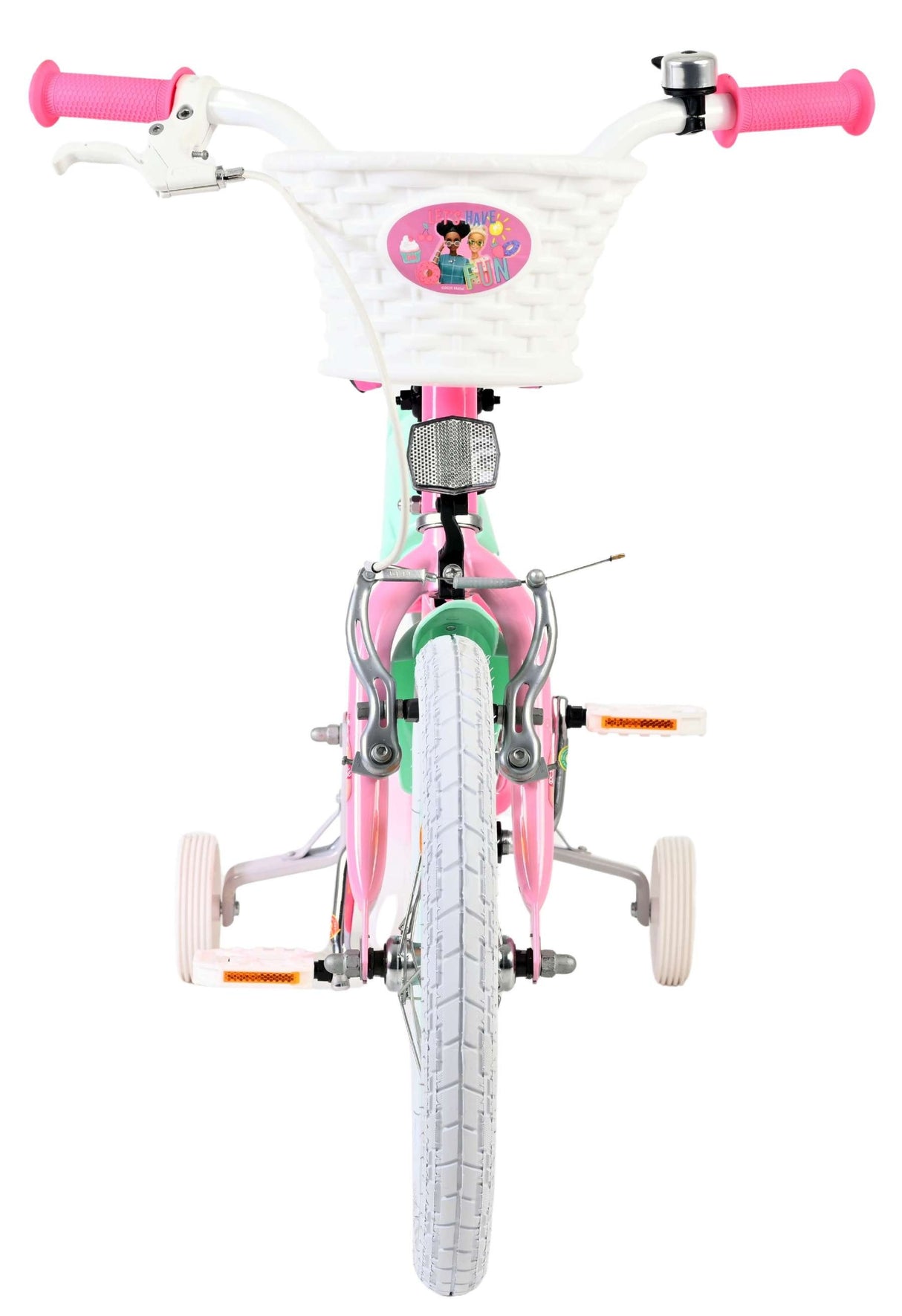 Kinderfahrrad mit Korb, pinken und mintgrünen Akzenten, stabilen Stützrädern