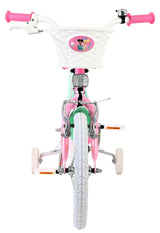 Kinderfahrrad mit Korb, pinken und mintgrünen Akzenten, stabilen Stützrädern