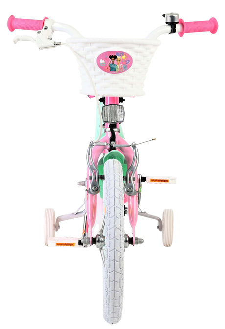 Kinderfahrrad mit Korb, pinken und mintgrünen Akzenten, stabilen Stützrädern