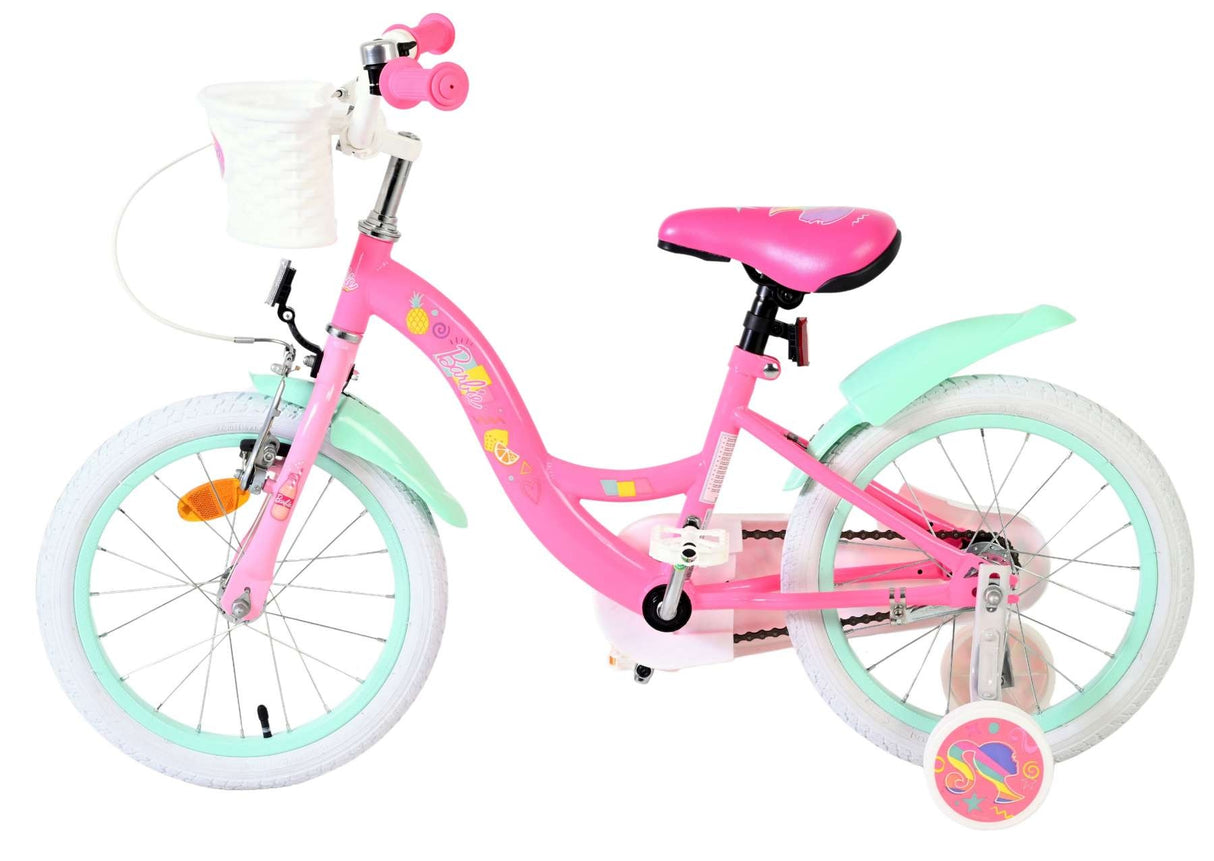 Rosa Kinderfahrrad mit Korb, weißen Reifen und bunten Details