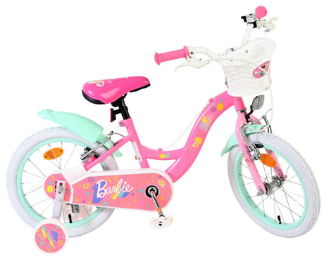 Rosa Kinderfahrrad mit weißen Reifen und Korb vorne