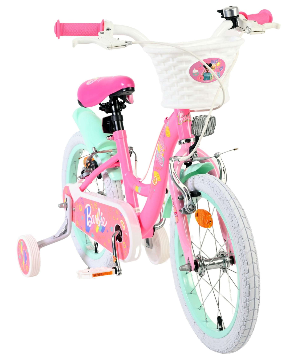 Rosa Kinderfahrrad mit Korb und Stützrädern, verspieltes Design