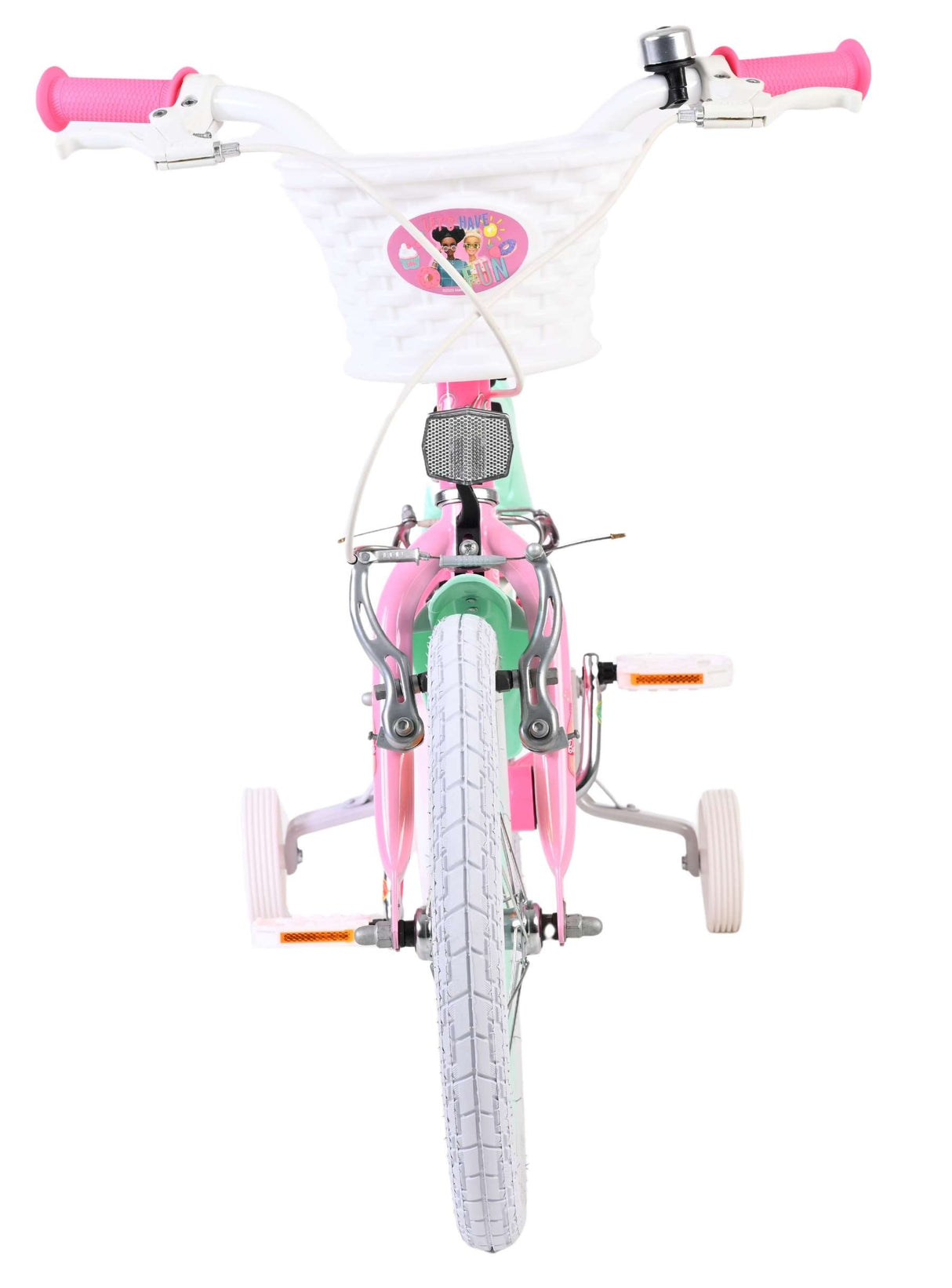 Kinderfahrrad in Pink und Grün mit weißem Korb und Stützrädern
