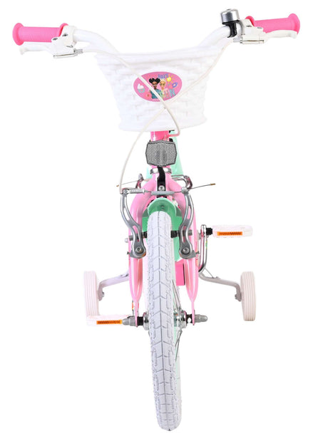 Kinderfahrrad in Pink und Grün mit weißem Korb und Stützrädern