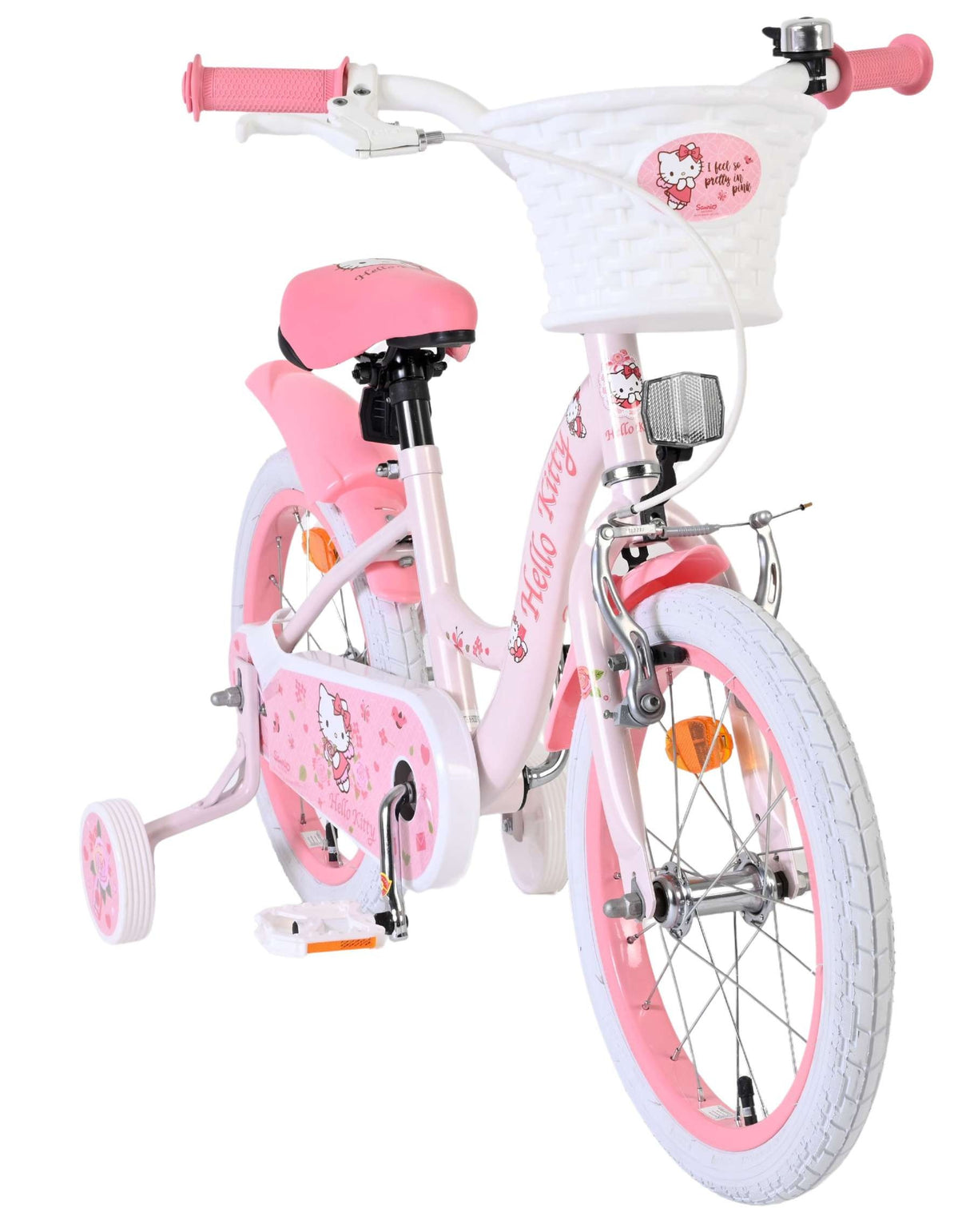 Rosa Kinderfahrrad mit Hello Kitty Design und Korb vorne