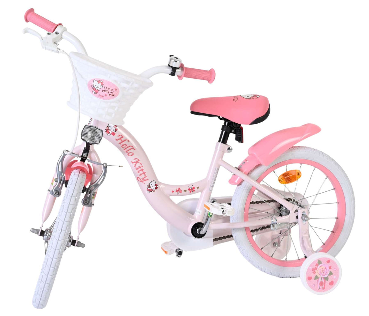Rosa Kinderfahrrad mit Hello Kitty Design und Korb vorne