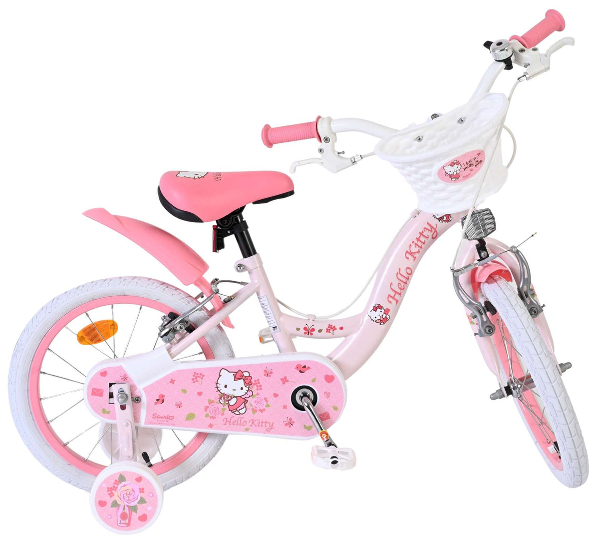 Kinderfahrrad in Pink mit Hello Kitty Motiven und Korb vorne