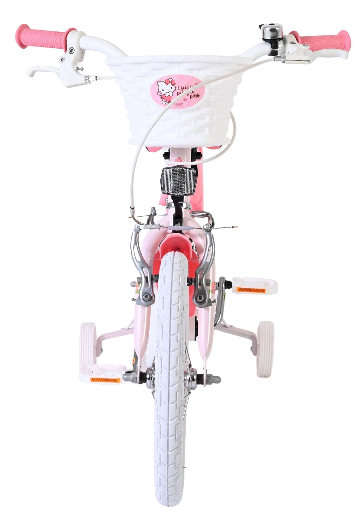 Rosa Kinderfahrrad mit Korb und weißen Reifen von vorne gesehen