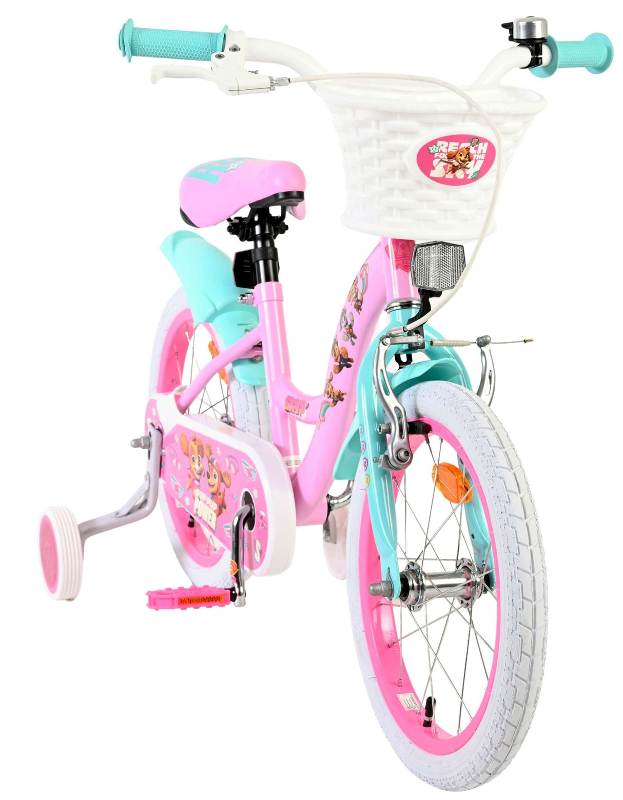 Kinderfahrrad in Pink und Türkis mit Korb und bunten Aufklebern