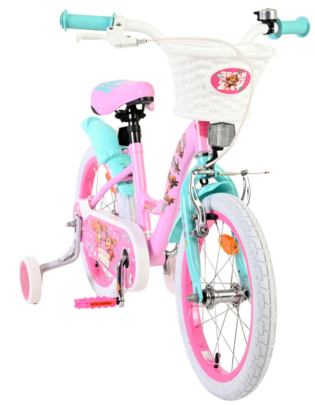 Kinderfahrrad in Pink und Türkis mit Korb und bunten Aufklebern