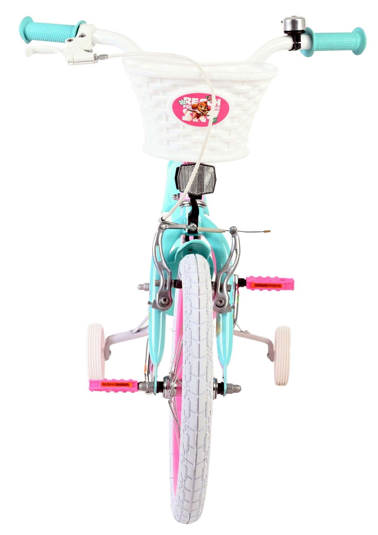 Kinderfahrrad in Türkis und Pink mit Korb und weißen Reifen
