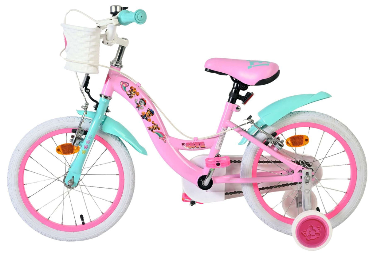 Rosa Kinderfahrrad mit Korb und bunten Aufklebern, 16 Zoll Räder
