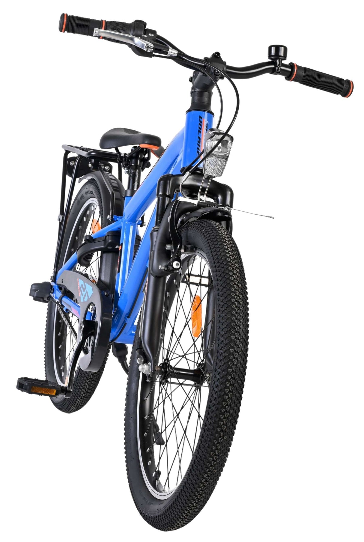 Blaues Kinderfahrrad mit stabilen Reifen und Gepäckträger