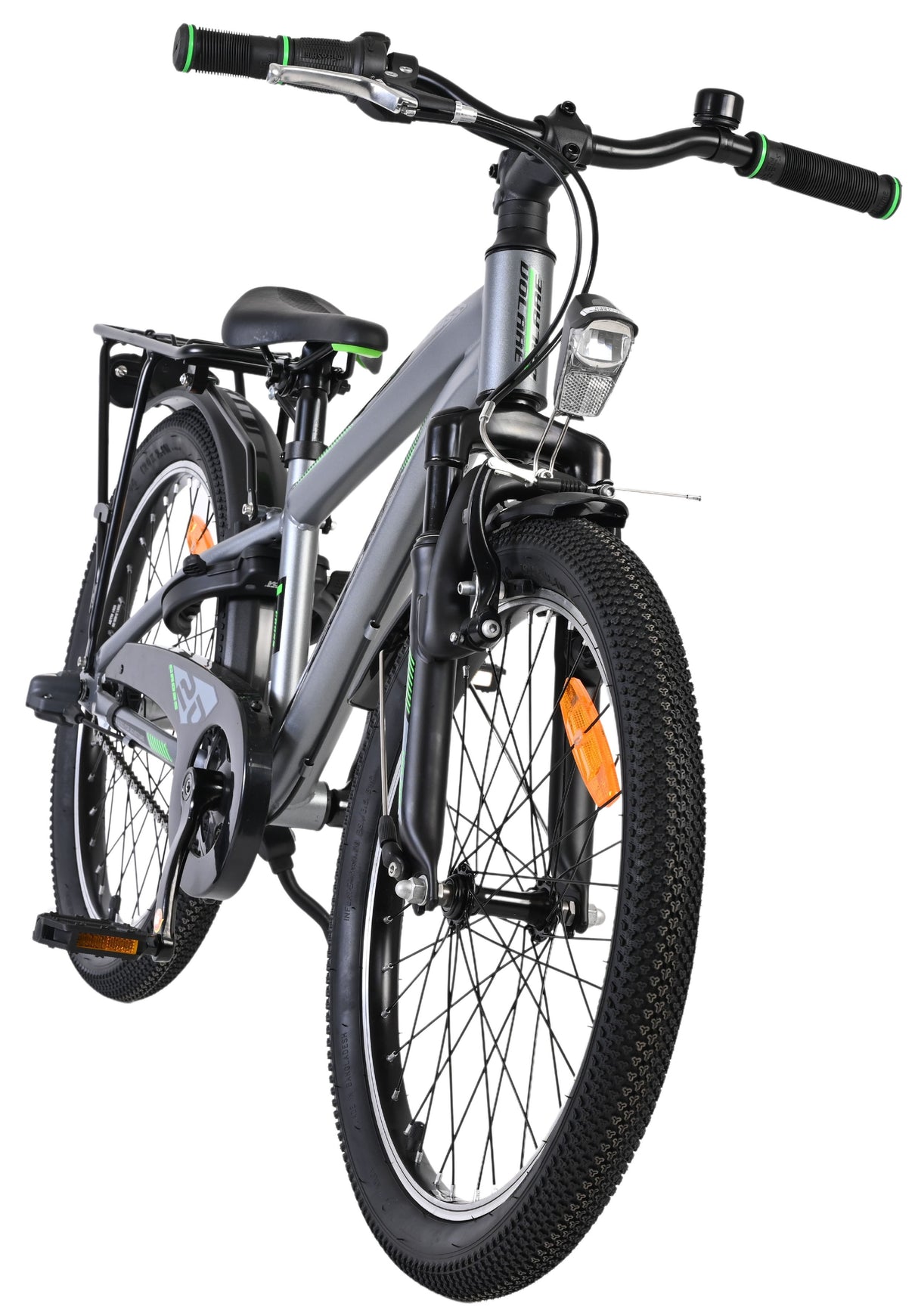 Jugendfahrrad in Grau mit schwarzem Rahmen und grünem Akzent