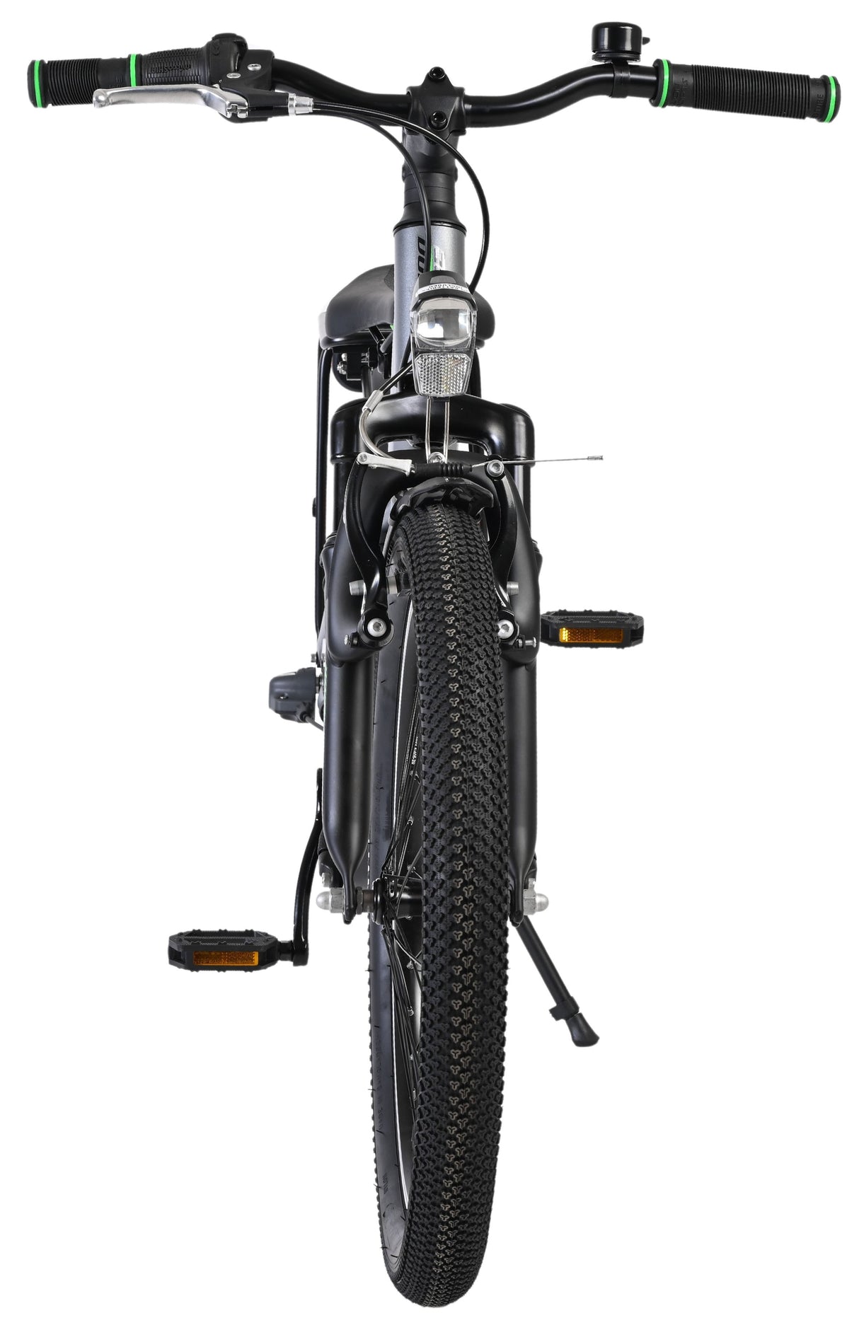 Schwarzes Fahrrad mit robustem Reifen und klarer Frontansicht