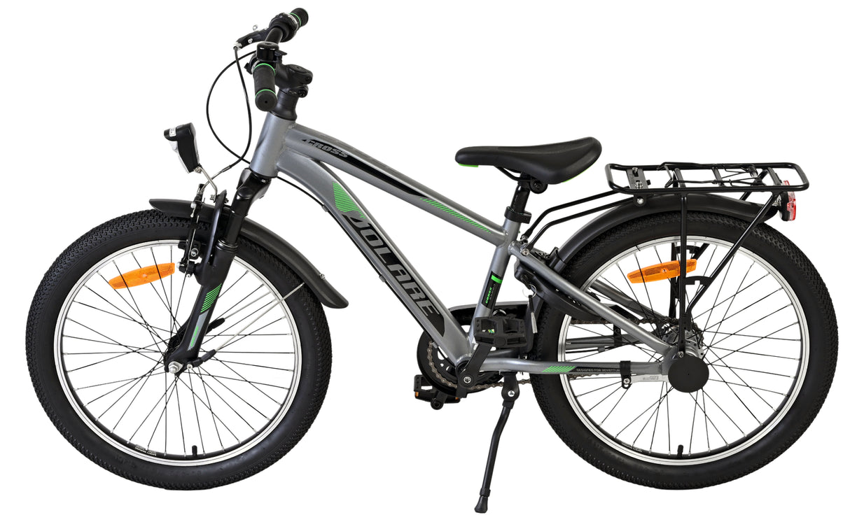 Jugendfahrrad mit grauem Rahmen, 20-Zoll-Rädern und Gepäckträger