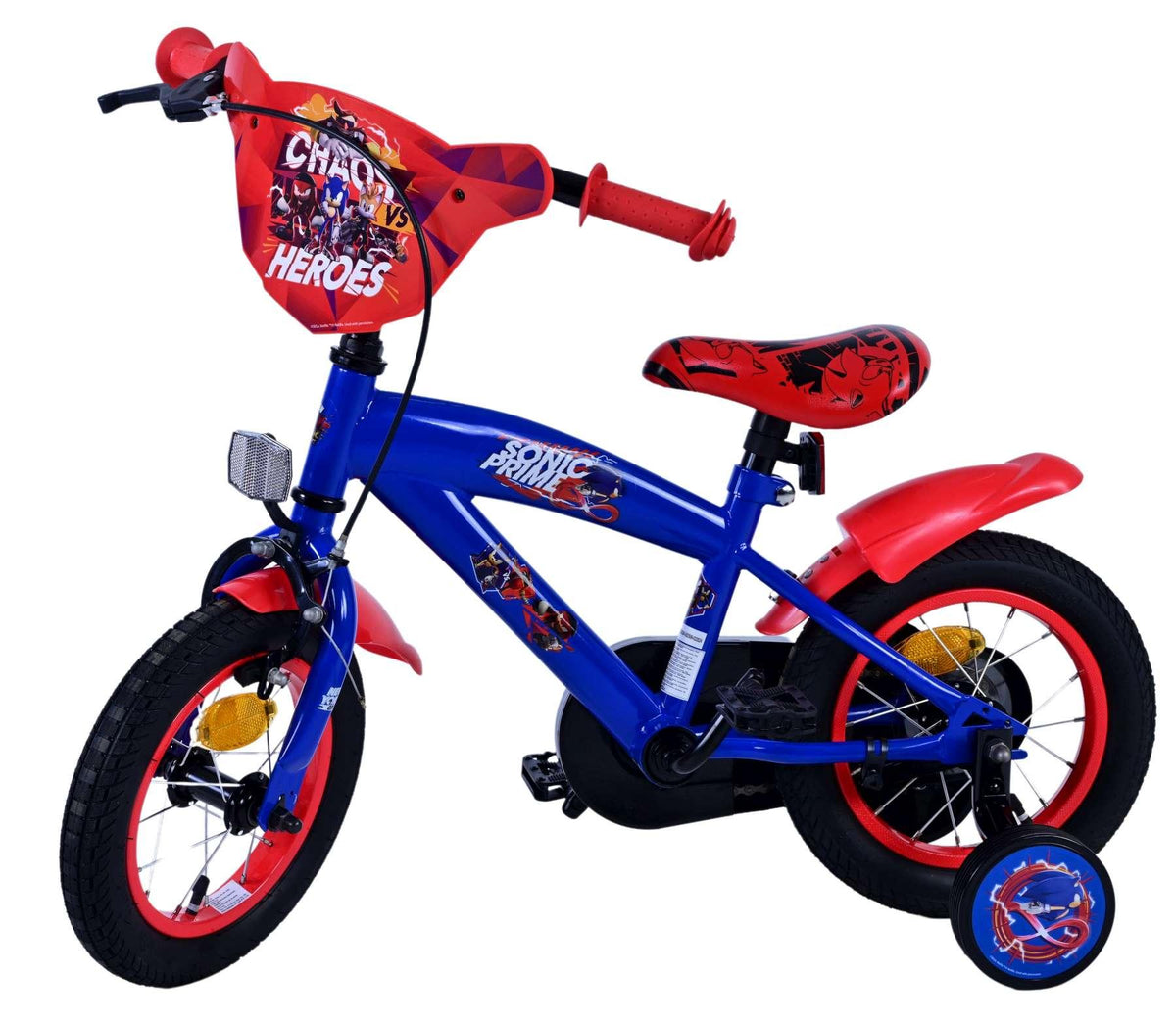 Kinderfahrrad in Blau und Rot mit Heldenmotiv und Stützrädern