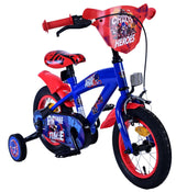Kinderfahrrad in Blau und Rot mit Comic-Motiven und Stützrädern