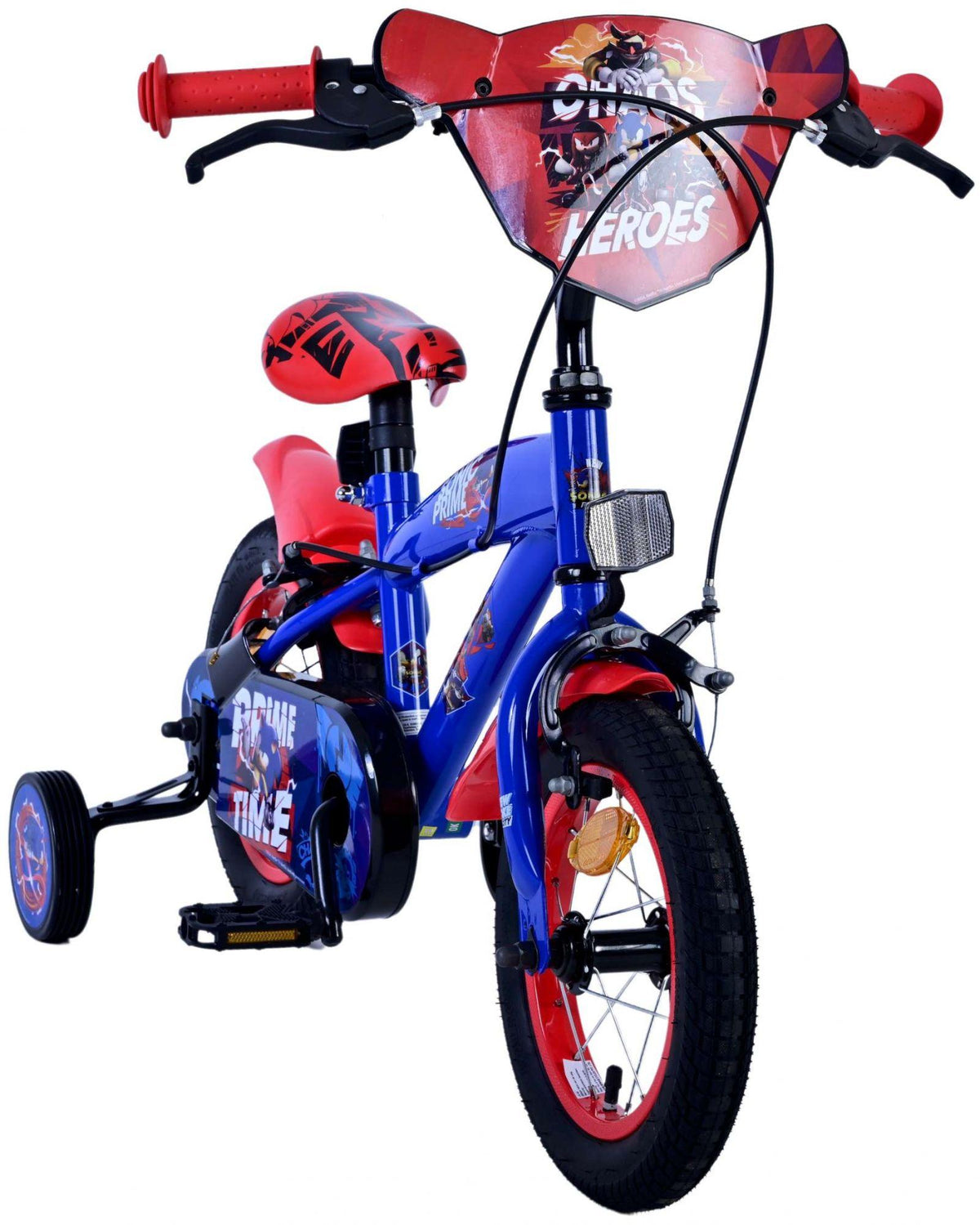 Kinderfahrrad in Blau und Rot mit Comic-Design und Stützrädern