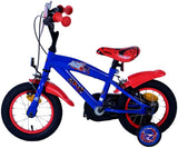 Blaues Kinderfahrrad mit roten Details und Stützrädern