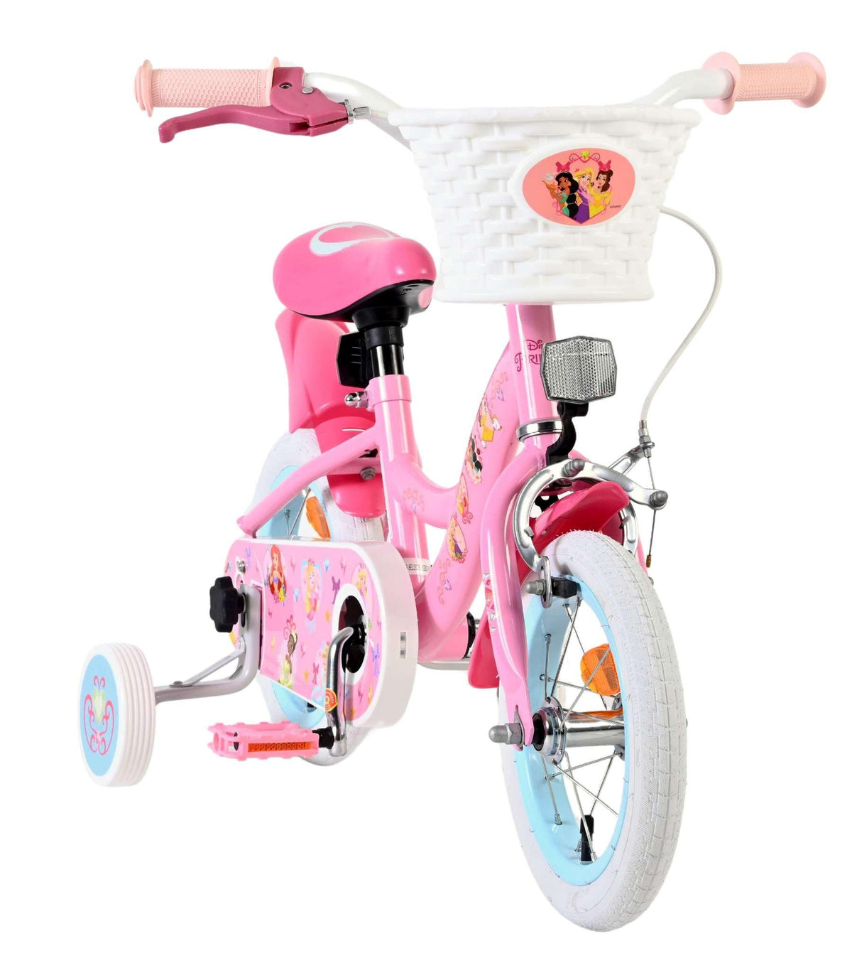 Rosa Kinderfahrrad mit Korb, Stützrädern und buntem Design