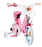 Rosa Kinderfahrrad mit Korb, Stützrädern und buntem Design