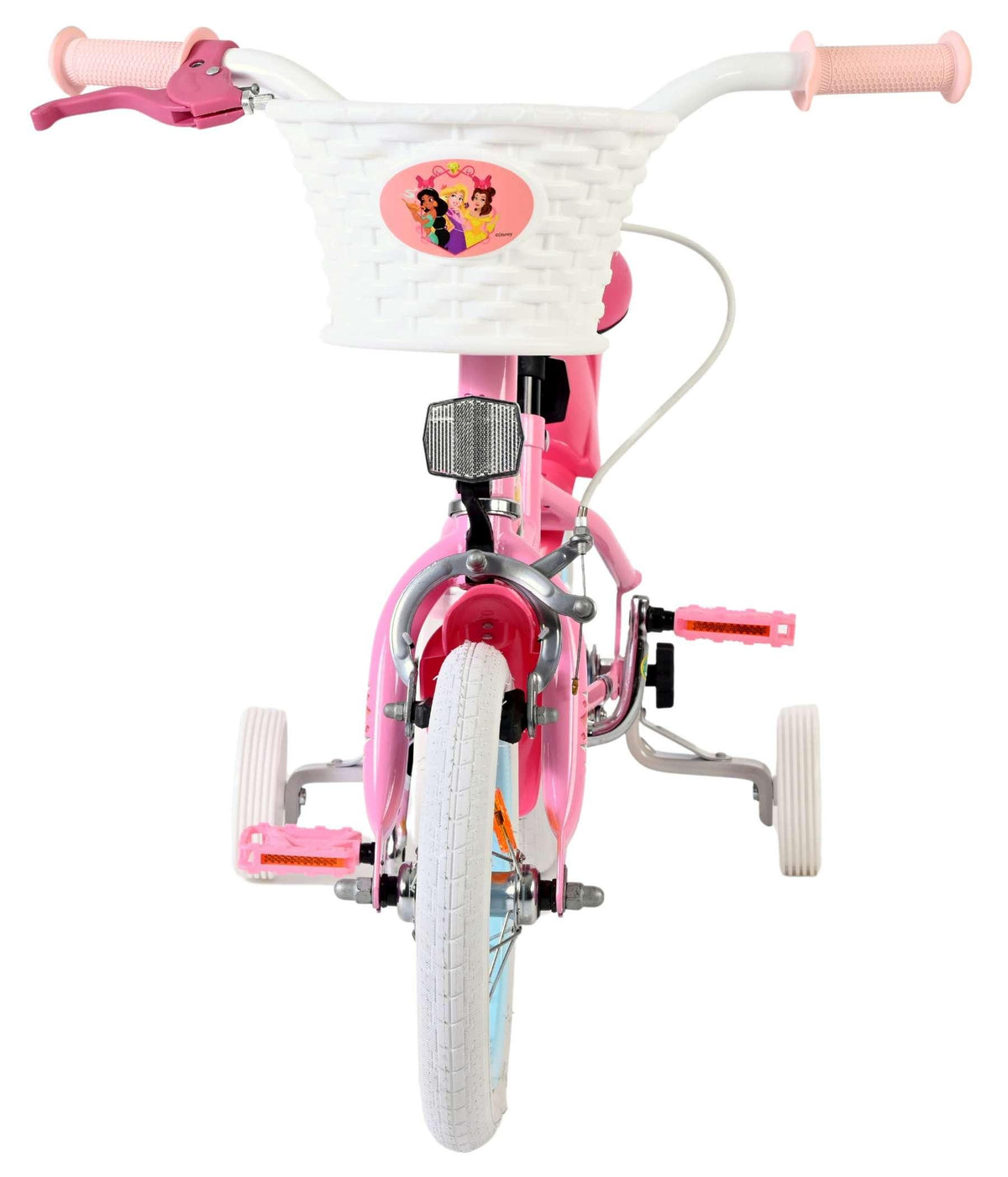 Rosa Kinderfahrrad mit Korb und Trainingsträdern, vorne sichtbar