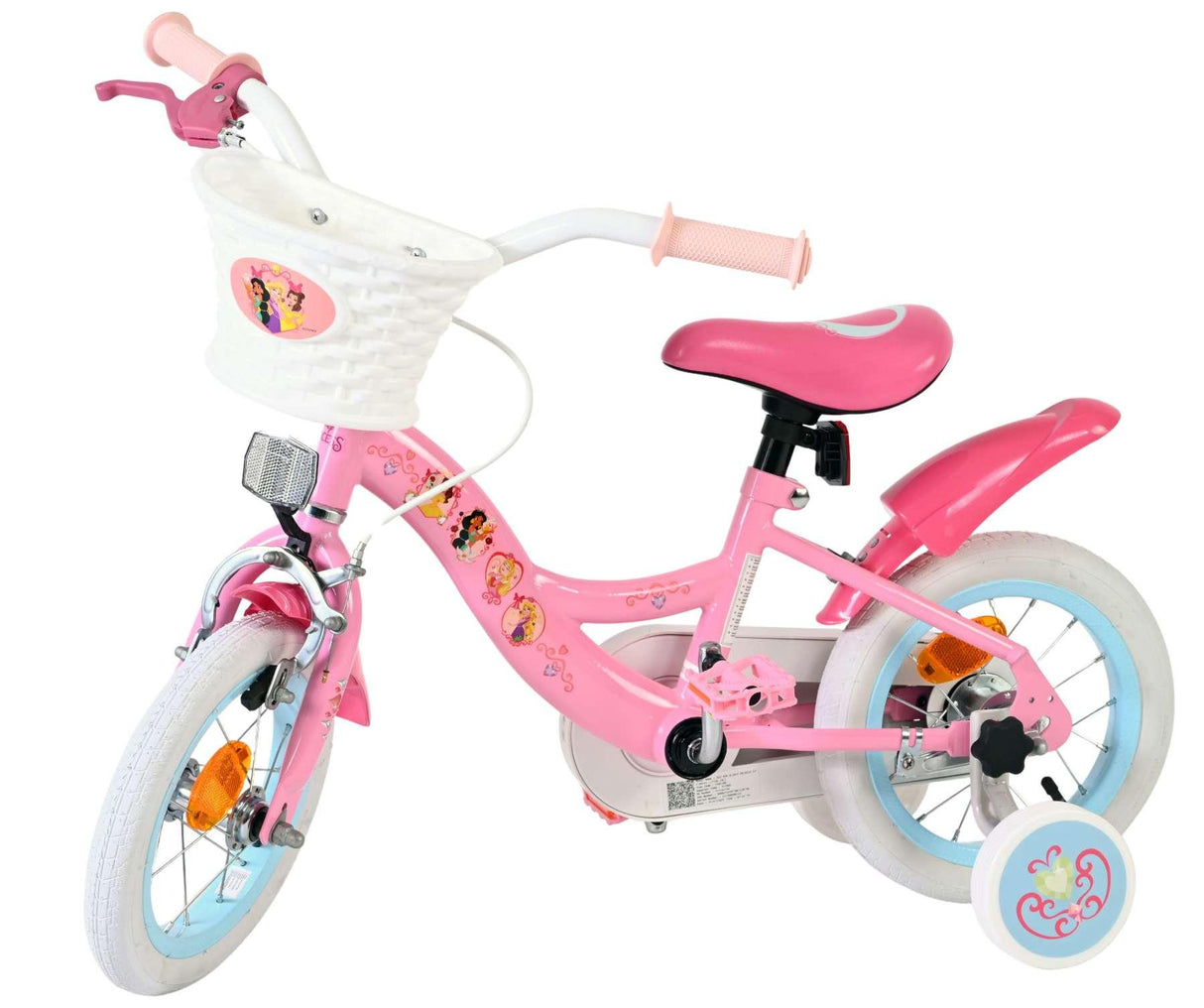 Rosa Kinderfahrrad mit Korb, Stützrädern und bunten Aufklebern