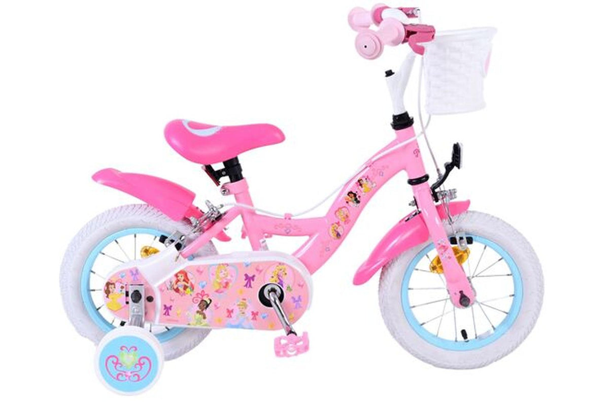 Rosa Kinderfahrrad mit Korb, Aufklebern und Stützrädern