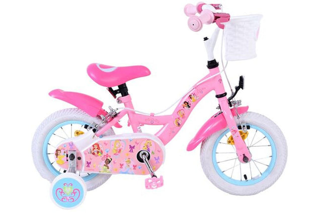 Rosa Kinderfahrrad mit Korb, Aufklebern und Stützrädern