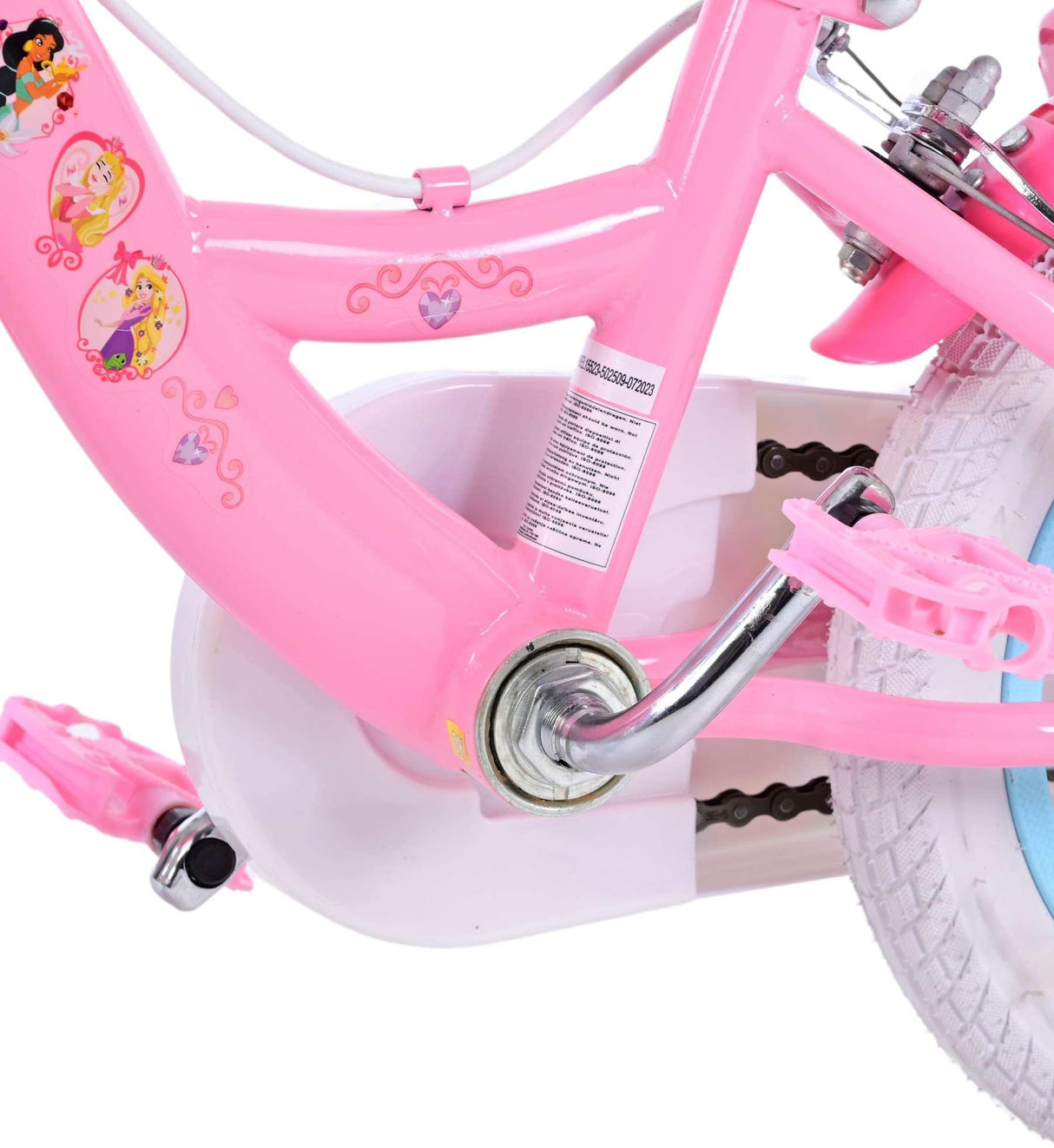Rosa Kinderfahrrad mit Prinzessinnen-Aufklebern und weißen Reifen