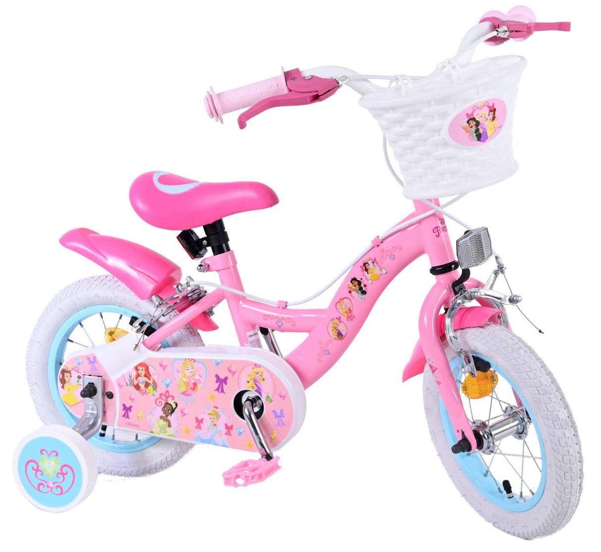 Rosa Kinderfahrrad mit Korb, bunten Aufklebern und weißen Reifen