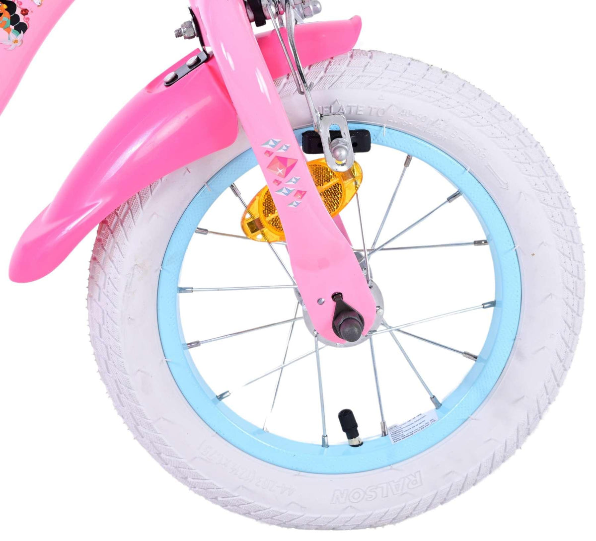 Pinkes Kinderfahrrad mit weißen Reifen und blauen Felgen