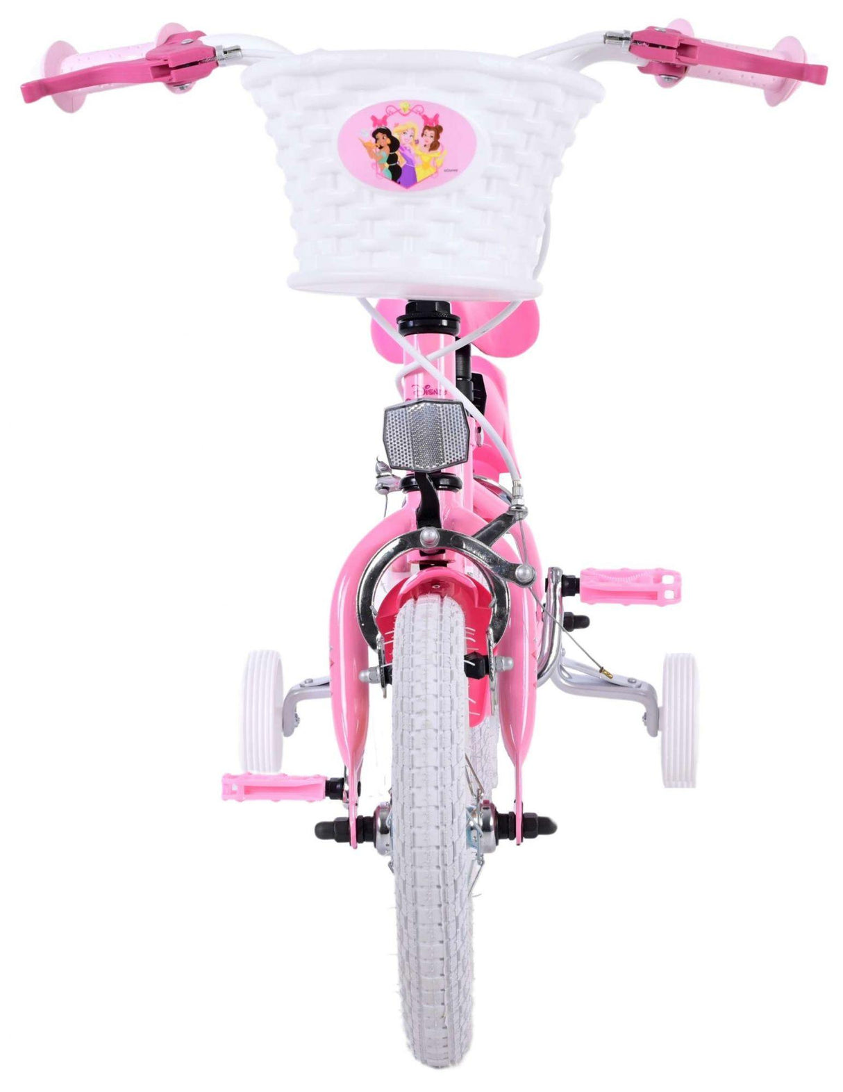 Rosa Kinderfahrrad mit Korb und Stützrädern, vorneansicht