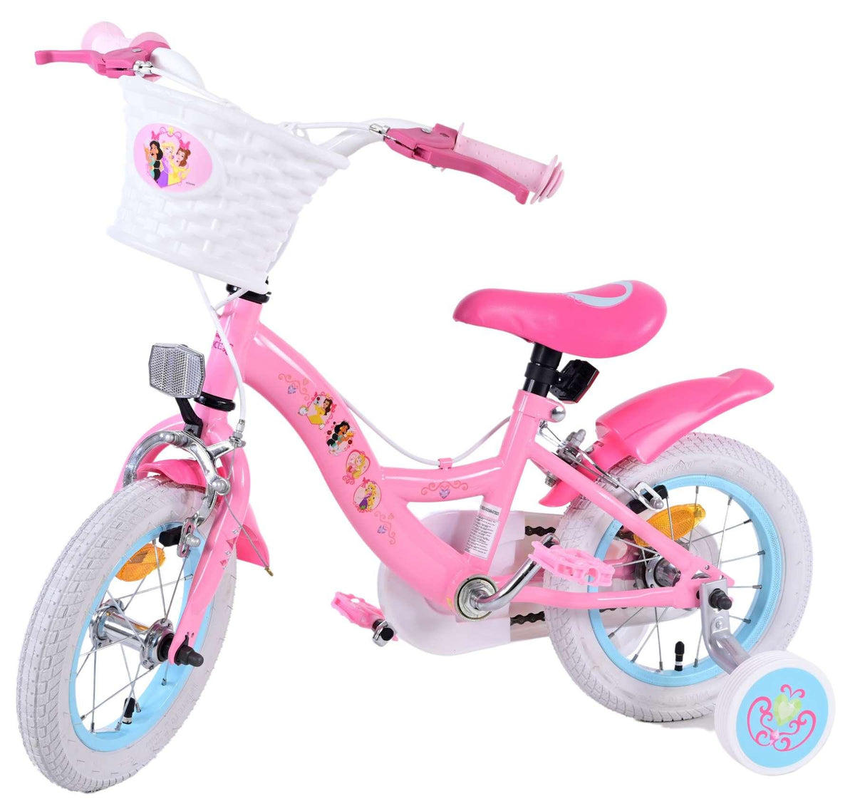 Rosa Kinderfahrrad mit Korb, weißen Reifen und bunten Aufklebern
