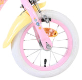 Vorderreifen eines Kinderfahrrads mit bunten Blumenmotiven und weißen Reifen
