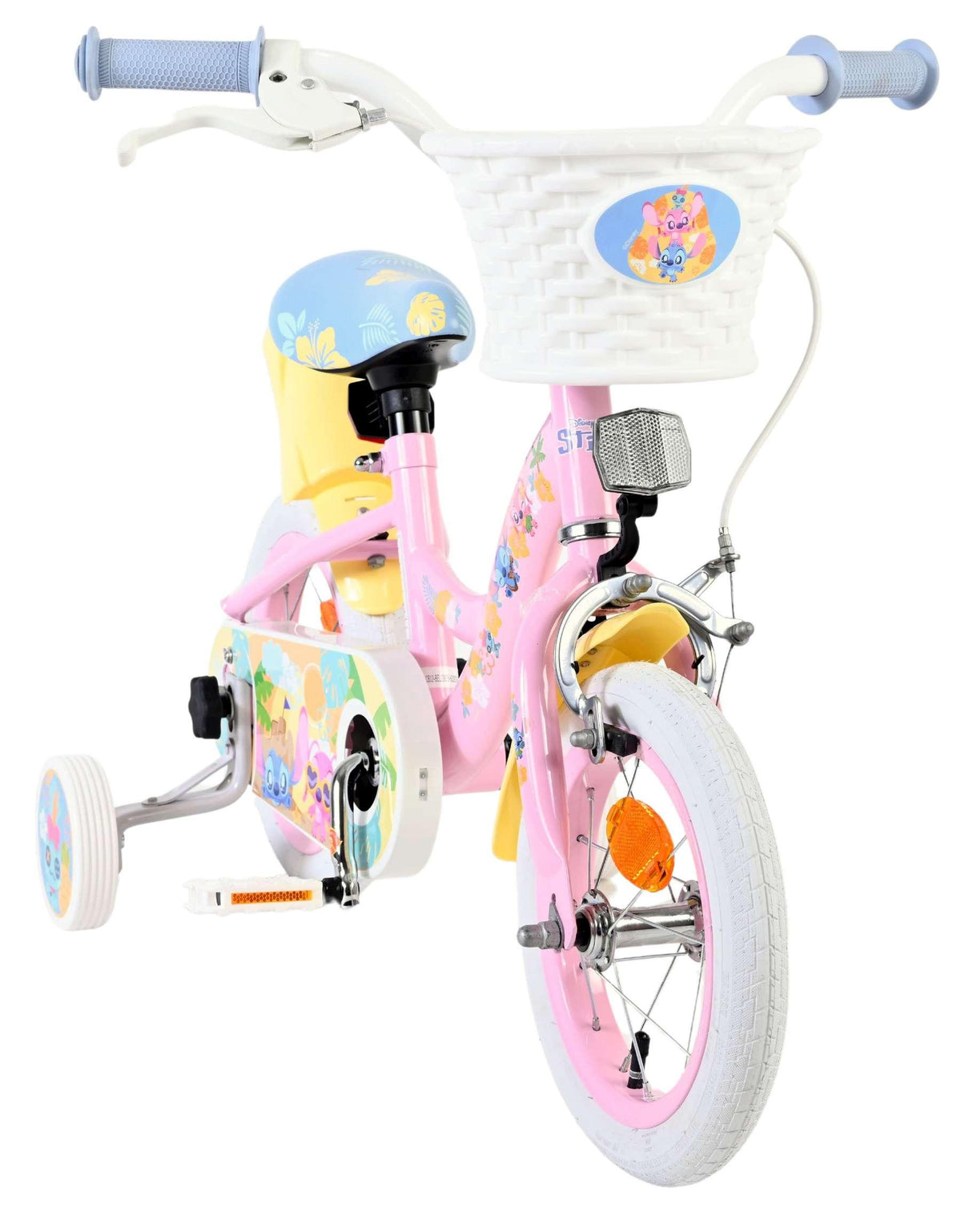 Kinderfahrrad in Pink mit Korb und Stützrädern, bunte Motive