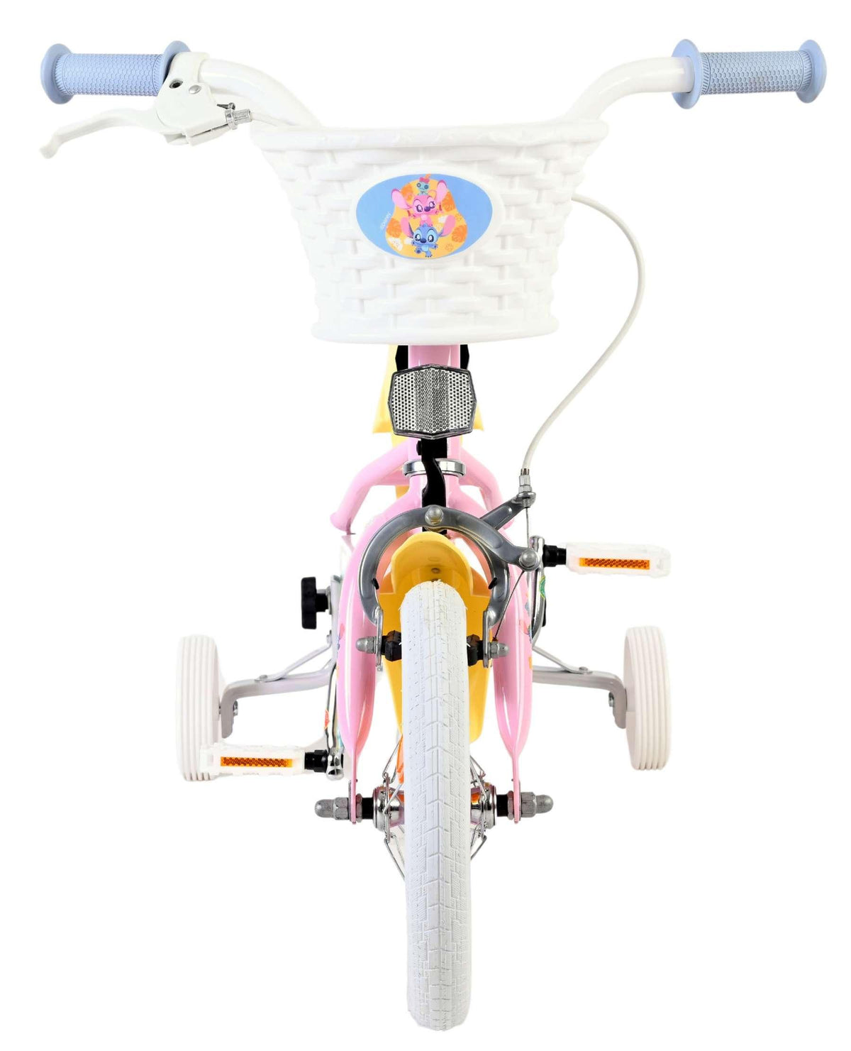 Kinderfahrrad mit pinkem Rahmen und weißem Korb vorne