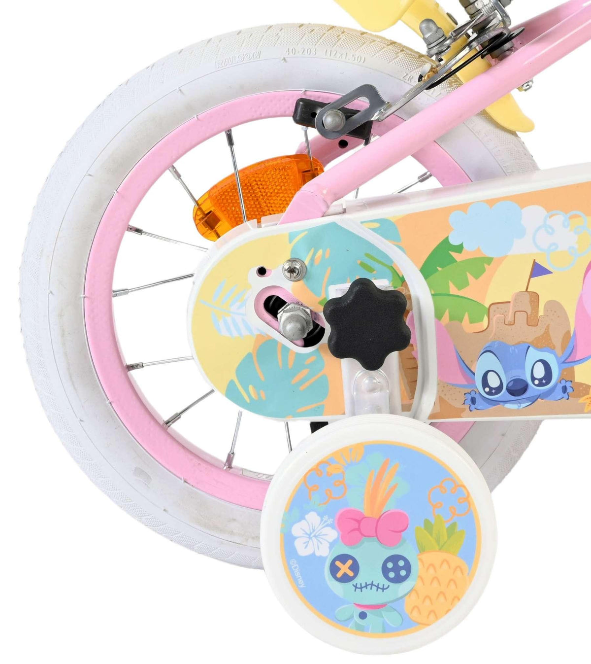 Buntes Kinderfahrrad mit pinkem Rahmen und dekorativem Raddesign