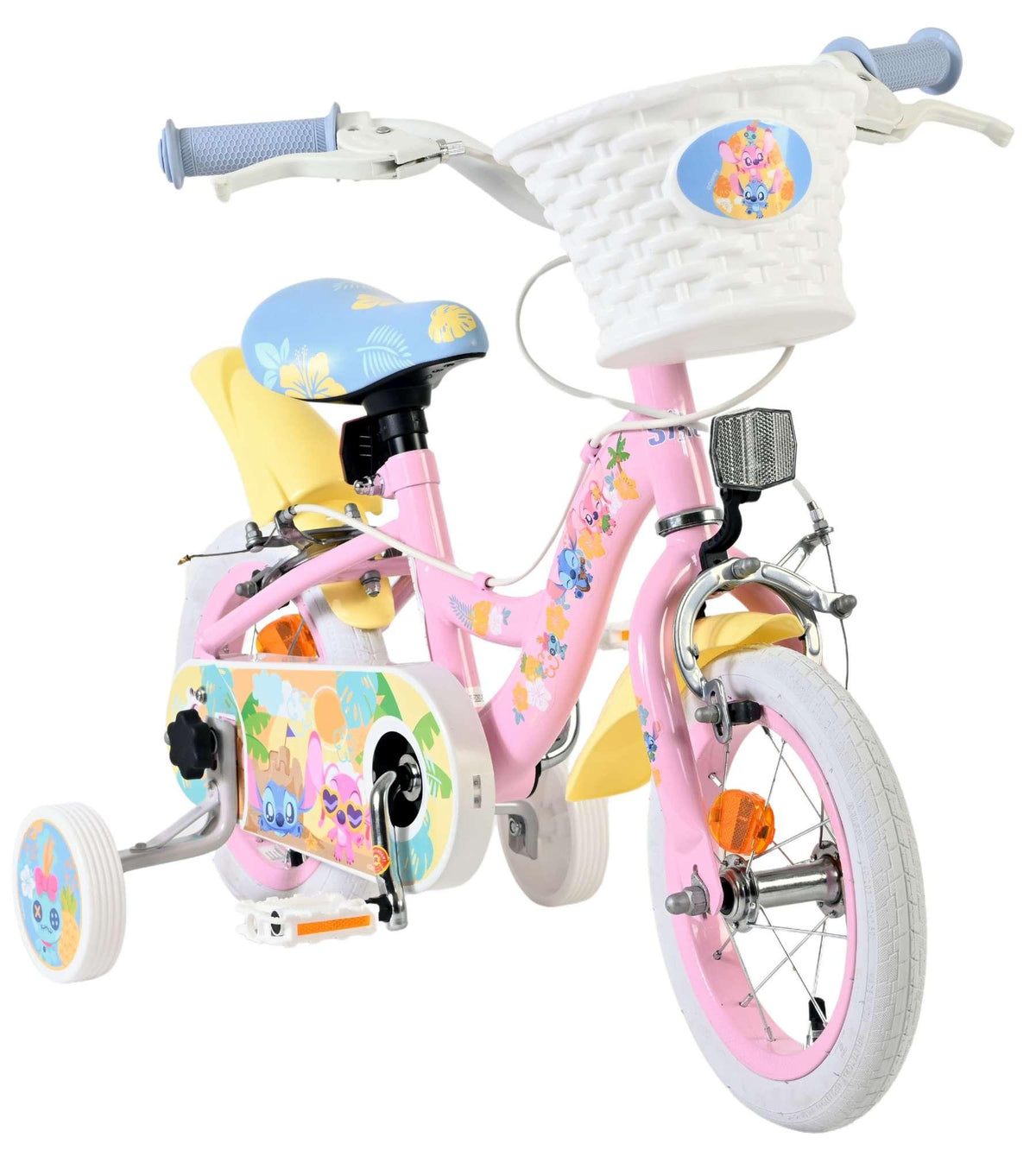 Rosa Kinderfahrrad mit Korb, Trainingsträdern und buntem Design