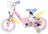 Rosa Kinderfahrrad mit Blumenmuster, Korb und weißen Reifen