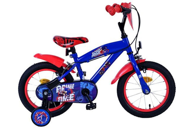 Blaues Kinderfahrrad mit roten Akzenten und Comic-Motiv