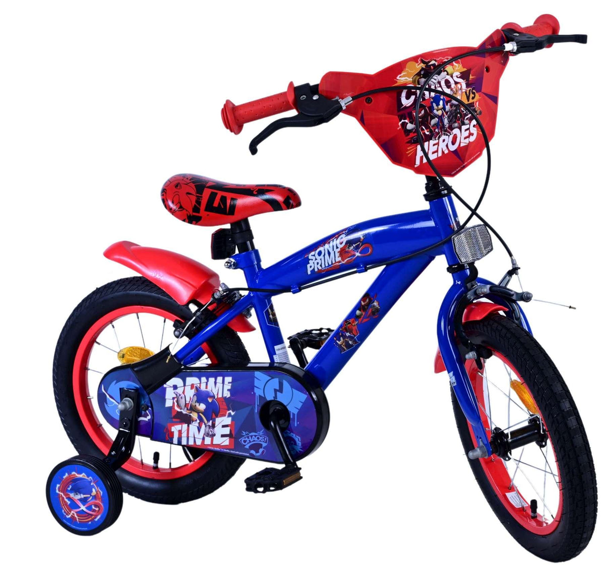 Buntes Kinderfahrrad in Blau und Rot mit Stützrädern