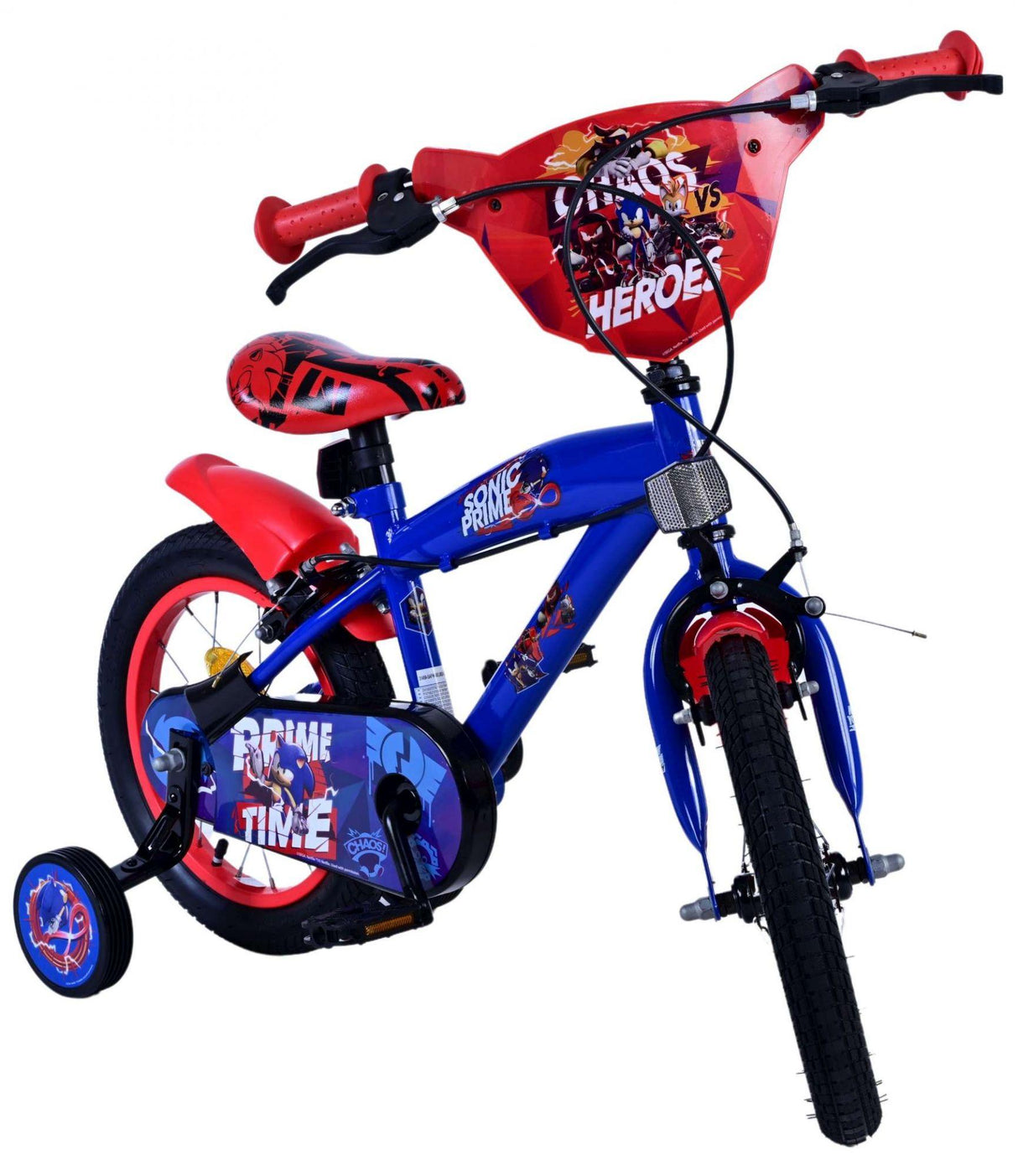 Kinderfahrrad in Blau und Rot mit Comic-Motiven und Stützrädern