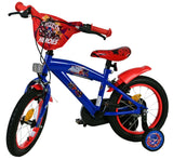 Blaues Kinderfahrrad mit rotem Sattel und Comic-Motiv am Lenker
